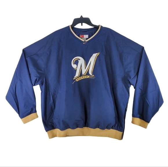 Vtg Nike Milwauke Brewers Team Jacket Pullover Men 2XL Blue Gold Sewn Logo Lined - Picture 1 of 16
